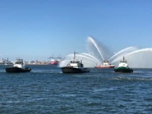 Jamie Ann is greeted in Port of Long Beach by an escort and fire boat display