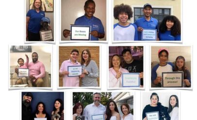 Tropical employees pose with messages from home, all of the photos together form a statement about commitment.