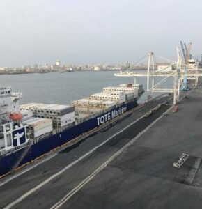 TOTE Maritime’s Perla del Caribe docked in San Juan on Sept. 26, 2017