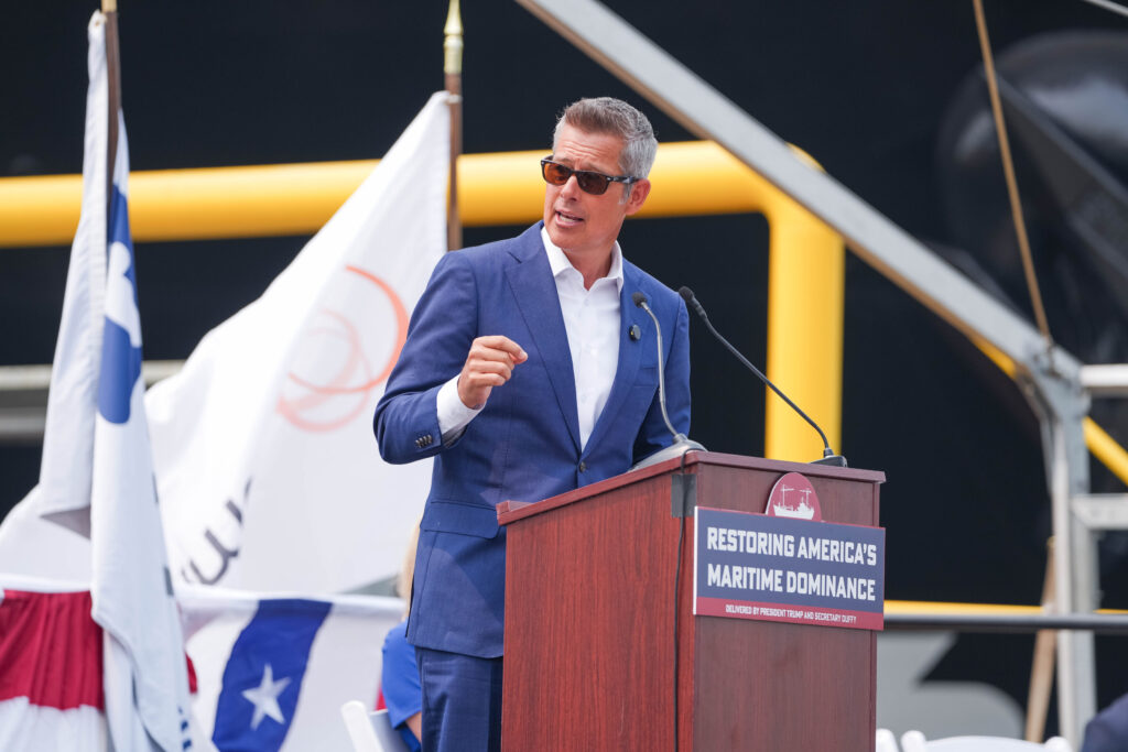 Secretary Duffy speaking at the christening of the Lone Star State NSMV vessel